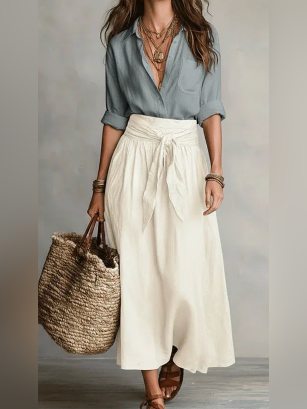 High-Waist Tie Front Maxi Skirt with Blue shirt